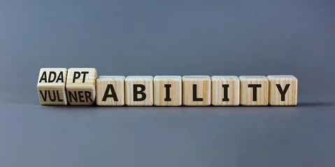 Foto op Canvas Vulnerability or adaptability symbol. Turned wooden cubes and changed words 'vulnerability' to 'adaptability'. Grey background, copy space. Business, vulnerability or adaptability concept. © Dzmitry