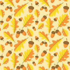 Beautiful seamless pattern for decoration design. Seamless vector texture. Autumn oak leaves, acorns. Vector illustration