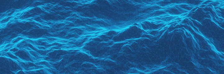 3D low polygon topographic mountain. Blue terrain.