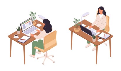 Isometric online education. Women sitting at computer, back and face view, pupil personal workplace, desktop with laptop. Distance learning in school. Vector cartoon isolated illustration