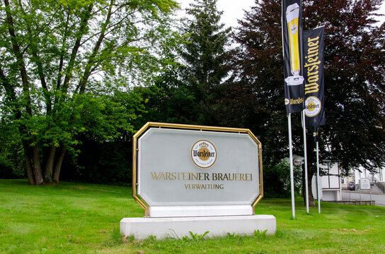 Warstein, Germany - August 15, 2021:  Entrance sign of the administrative center of the Warsteiner Brewery