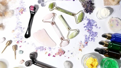 Skin beauty homemade care products with jade roller, facial massage kit, natural skin care, aromatherapy cosmetic, spa set treatment for self care of serum oils, salt, butter, gel. Anti aging, relaxat