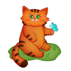 A red cat is sitting in a meadow with a butterfly. A cat with a butterfly. Spring mood.