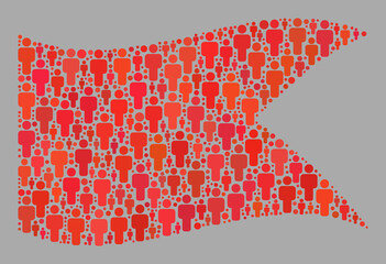 Mosaic waving red guidon flag designed with person items. Vector crowd mosaic waving red guidon flag combined for political illustrations. Red guidon flag collage is created of scattered people items.