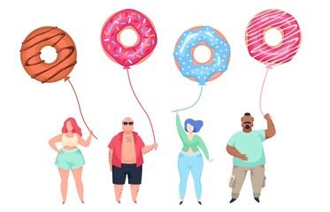 Fat guys with doughnut balls. Overweight men and women standing in row, unhealthy food habits. Body positive people. Young obese characters with balloons. Vector cartoon isolated concept