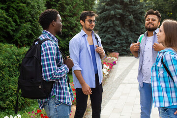 Group of studens stand at the campus and discuss lessons