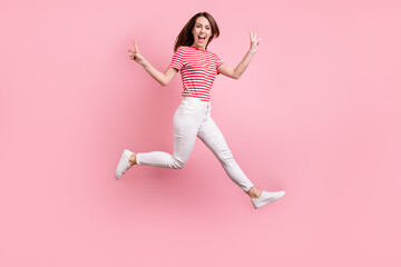 Fototapeta na wymiar Full length profile side photo of young girl happy positive smile jump up show peace cool v-sign isolated over pastel color background