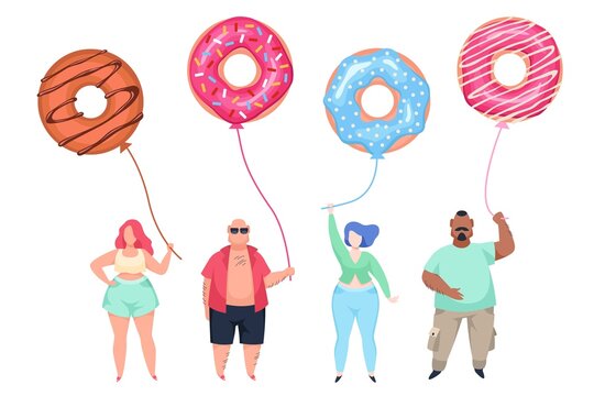 Fat guys with doughnut balls. Overweight men and women standing in row, unhealthy food habits. Body positive people. Young obese characters with balloons. Vector cartoon isolated concept