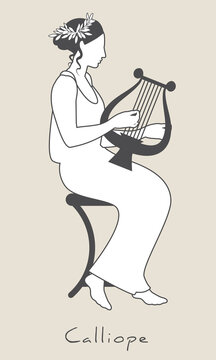 Girl wearing laurel wreath, dressed in ancient Greek style playing the lyre. Greek mythology. Muse Calliope. Isolated on white background.