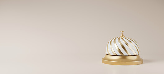 Minimal abstract background for Christmas and winter holiday concept. Golden bauble table bell on beige background. 3d render illustration. Clipping path of each element included.