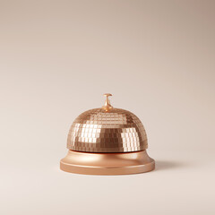 Minimal abstract background for party time concept. Table bell with mirror ball texture on beige background. 3d render illustration. Clipping path of each element included.