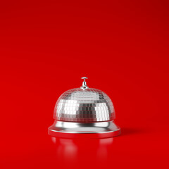 Minimal abstract background for Christmas and winter holiday concept. Table bell with mirror ball texture on red background. 3d render illustration. Clipping path of each element included.