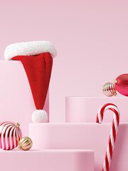 Minimal product mock up background for Christmas and winter holiday concept. Santa Hat, candy cane and bauble on pink step platform. 3d render illustration. Clipping path of each element included.