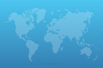 Map world. Worldmap global. Silhouette dot globe. Continents on blue background. Map world for design technology, travel, business, digital visualization. Simple flat backdrop. Vector illustration