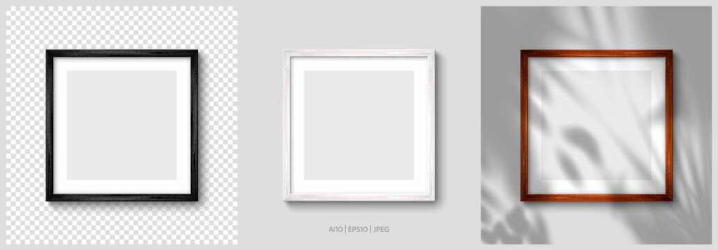 Layout of wooden picture frames (Black, White, brown) in colors. Realistic vector illustration Ai, Eps, Jpeg files