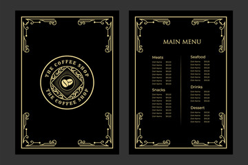 Luxury vintage restaurant food menu card template for packaging with logo for hotel cafe bar coffeeshop