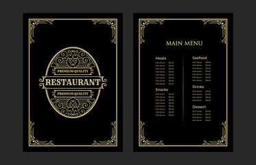 Fototapeta na wymiar Luxury vintage restaurant food menu card template for packaging with logo for hotel cafe bar coffeeshop