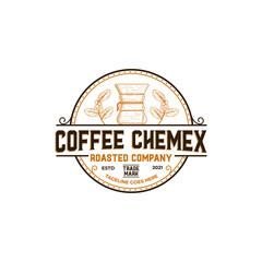 vintage rustic stamp coffee shop logo with chemex and coffee branch leaf sign