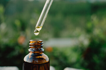 Pipette and bottle of essential oil. Eucalyptus essential oil dripping from pipette into bottle, closeup. Oily drop falls from a cosmetic pipette.