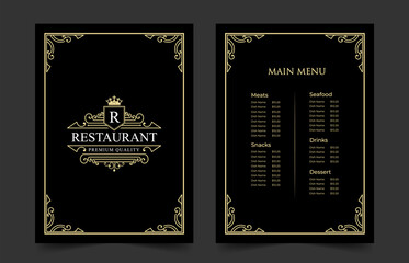 Luxury vintage restaurant food menu card template for packaging with logo for hotel cafe bar coffeeshop