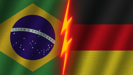 Germany and Brazil Flags Together, Wavy Fabric Texture Effect, Neon Glow Effect, Shining Thunder Icon, Crisis Concept, 3D Illustration