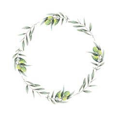 Watercolor round frame of leaves olive. Watercolor fabric. Wreath of leaves olive. Use for design wedding, invitations, birthdays
