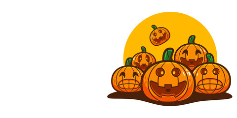 illustration of a halloween background. swarm of pumpkins with smile expressions.