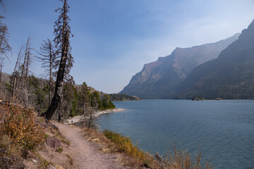 Fototapeta na wymiar Hiking trail along St. Mary Lake, Glacier National Park, Montana, USA