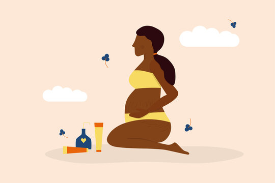 Illustration vectorielle d'une femme enceinte avec des produits de soin. Illustration autour de la grossesse et de la maternit&eacute;. Femme enceinte avec des vergetures qui tient son ventre.
