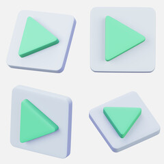 Set of  3D rendering play icon interface symbol isolated on white background.  Video or music player apps element. 