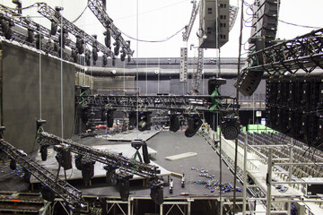Installation of professional sound, light, video and stage equipment for a concert. Moving head...
