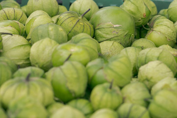 Fresh green tomatillo on the market Top view