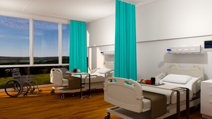 Hospital room with beds .Empty bed  and wheelchair in nursing  a clinic or hospital . 3d room and comfortable sofa rendering.Luxury patient bed  illustration.Modern hospital,health care concept.