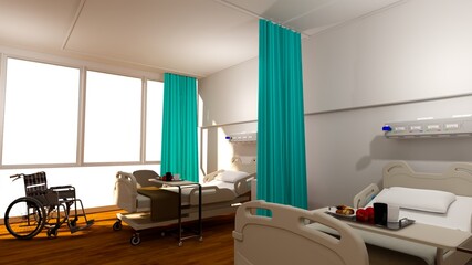 Hospital room with beds .Empty bed  and wheelchair in nursing  a clinic or hospital . 3d room and comfortable sofa rendering.Luxury patient bed  illustration.Modern hospital,health care concept.