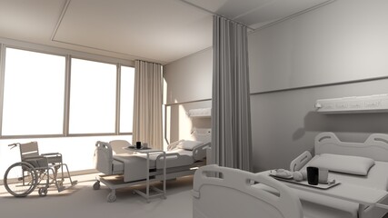 Hospital room with beds .Empty bed  and wheelchair in nursing  a clinic or hospital . 3d room and comfortable sofa rendering.Luxury patient bed  illustration.Modern hospital,health care concept.