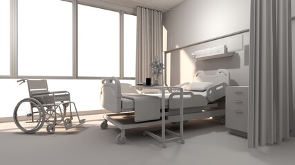 Fototapeta na wymiar Hospital room with beds .Empty bed and wheelchair in nursing a clinic or hospital . 3d room and comfortable sofa rendering.Luxury patient bed illustration.Modern hospital,health care concept.
