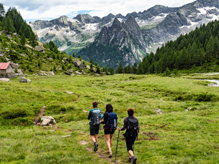 Trekking scene in the italian alps of Val Masino