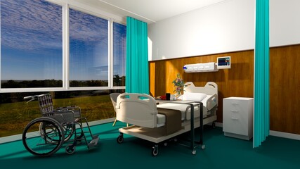 Hospital room with beds .Empty bed  and wheelchair in nursing  a clinic or hospital . 3d room and comfortable sofa rendering.Luxury patient bed  illustration.Modern hospital,health care concept.