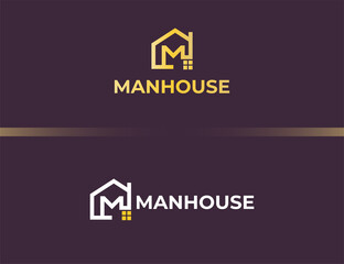 Golden letter M logo with house or building concept
