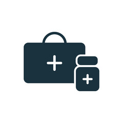 First Aid or Medical Kit icon. Medical Box Silhouette icon. First Aid Bag with Bottle of Vaccine. Vaccine Against coronavirus. Vector illustration
