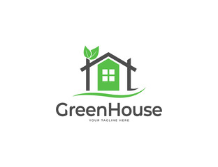Elegant green house or home logo design with leaves
