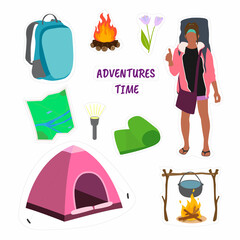 set of camping stickers with black skin girl