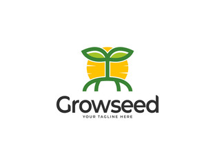 Growing seed logo with sun and leaves illustration