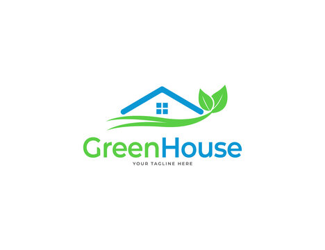 Green house logo with roof and leaves concept