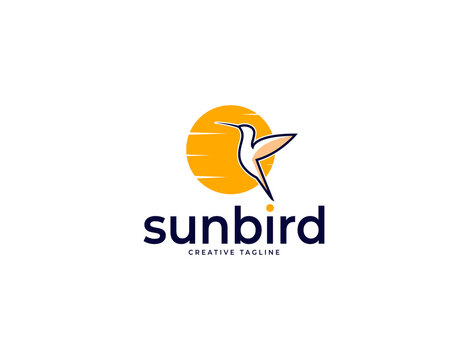 Elegant sunset humming bird logo with sun illustration