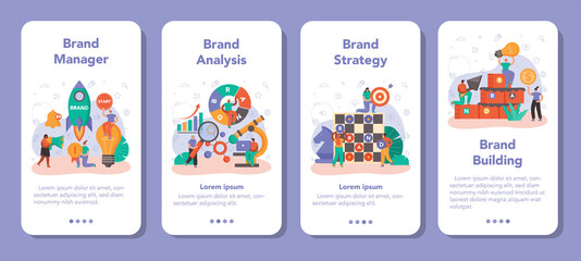 Brand management mobile application banner set. Manager developing