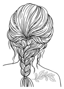 Coloring book for adults. Girl with braided hairstyle. Vector black contour image on a white background