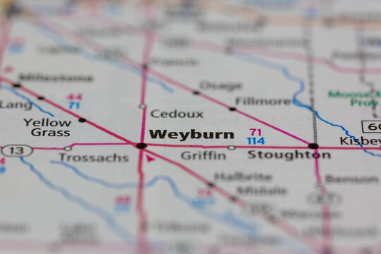 08-16-2021 Portsmouth, Hampshire, UK, Weyburn Saskatchewan Canada Shown on a road map or Geography map
