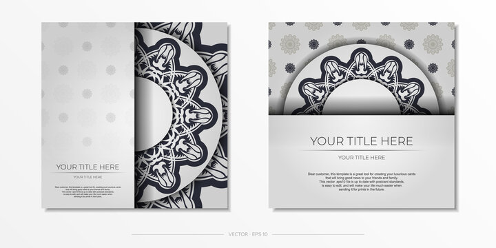 Vintage White postcard preparation with abstract ornament. Template for design printable invitation card with vintage patterns.