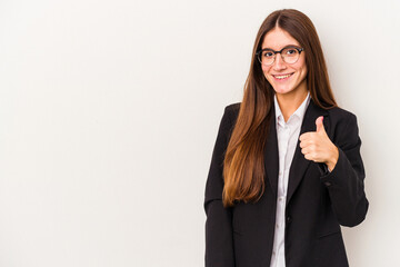 Young caucasian business woman isolated on white background smiling and raising thumb up